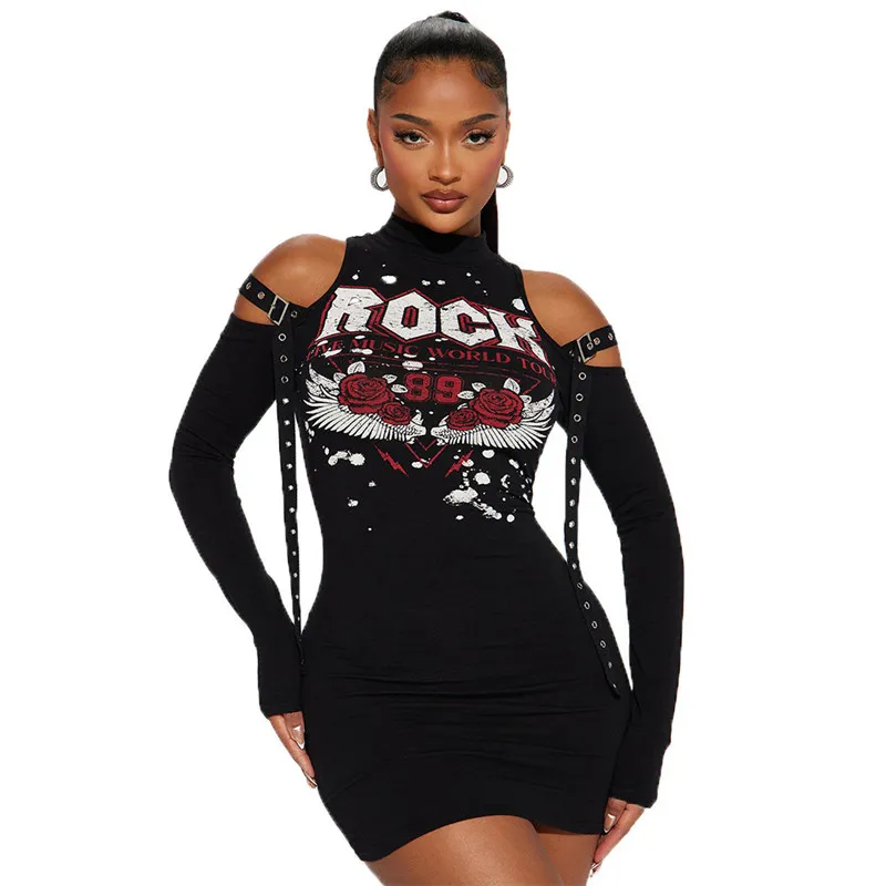 2024 Designer Spring Dress Women Long Sleeve Dresses Casual Off Shoulder Printing Bodycon Dress Party Night Club Wear Bulk Wholesale Clothes 10721
