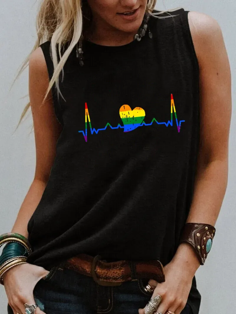 T-shirt LGBT T-shirt senza maniche Arcobaleno battito cardiaco Stampa grafica Donna Divertente estate Casual Top senza maniche Regalo per lei