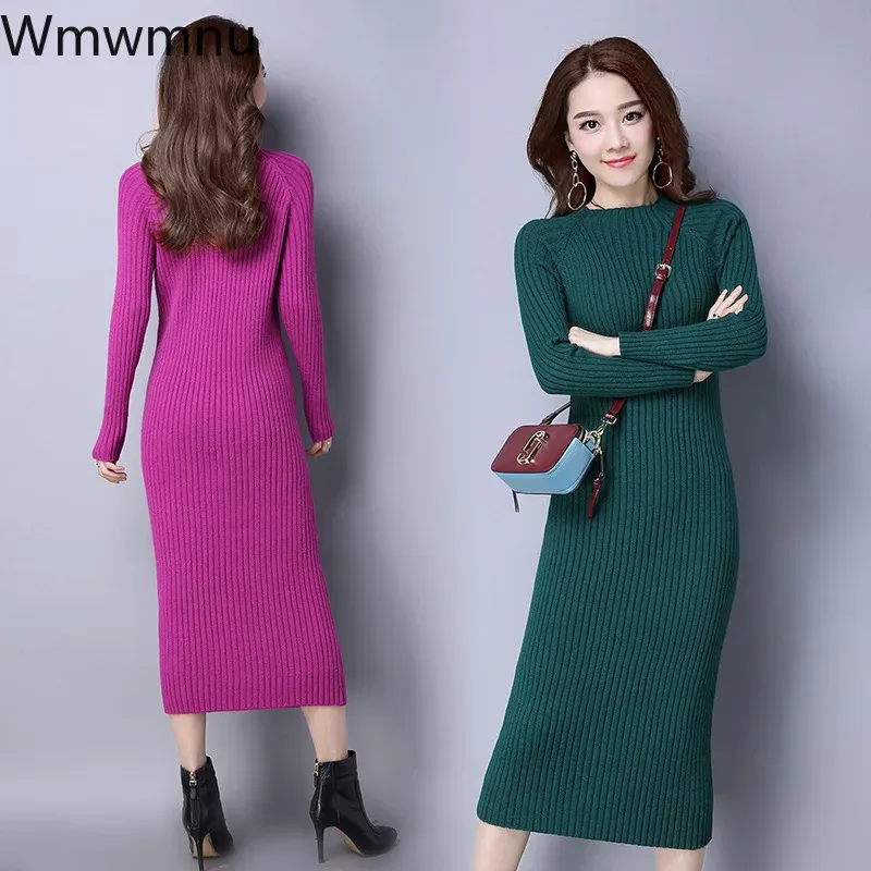 Kleid MidLength Bodenbildung Pullover Bodycon Kleider Sexy Schlank Solide Langarm Gestrickte Kleid Frauen Herbst Winter Koreanische Vestidos Mujer