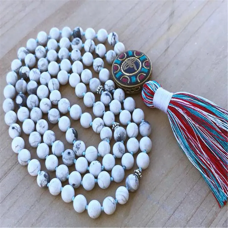 Pendentifs 8mm naturel Howlite 108 perles Mala collier népal pendentif bouddhisme élégant fantaisie chanceux classique fait à la main bénir coloré