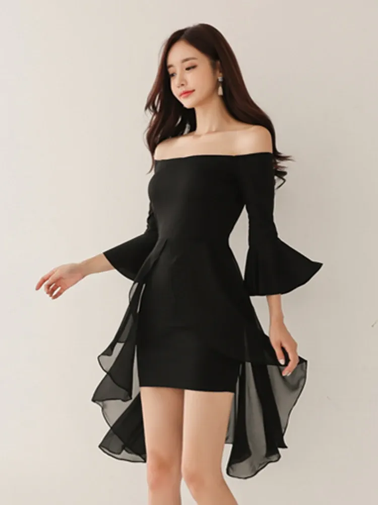 Kleid Koreanische Mode Schwarz Kurze Abendkleid Elegante Hübsche Frauen Kleidung Chic Sexy OffShoulder Dünne Mini Party Prom Mujer Vestidos