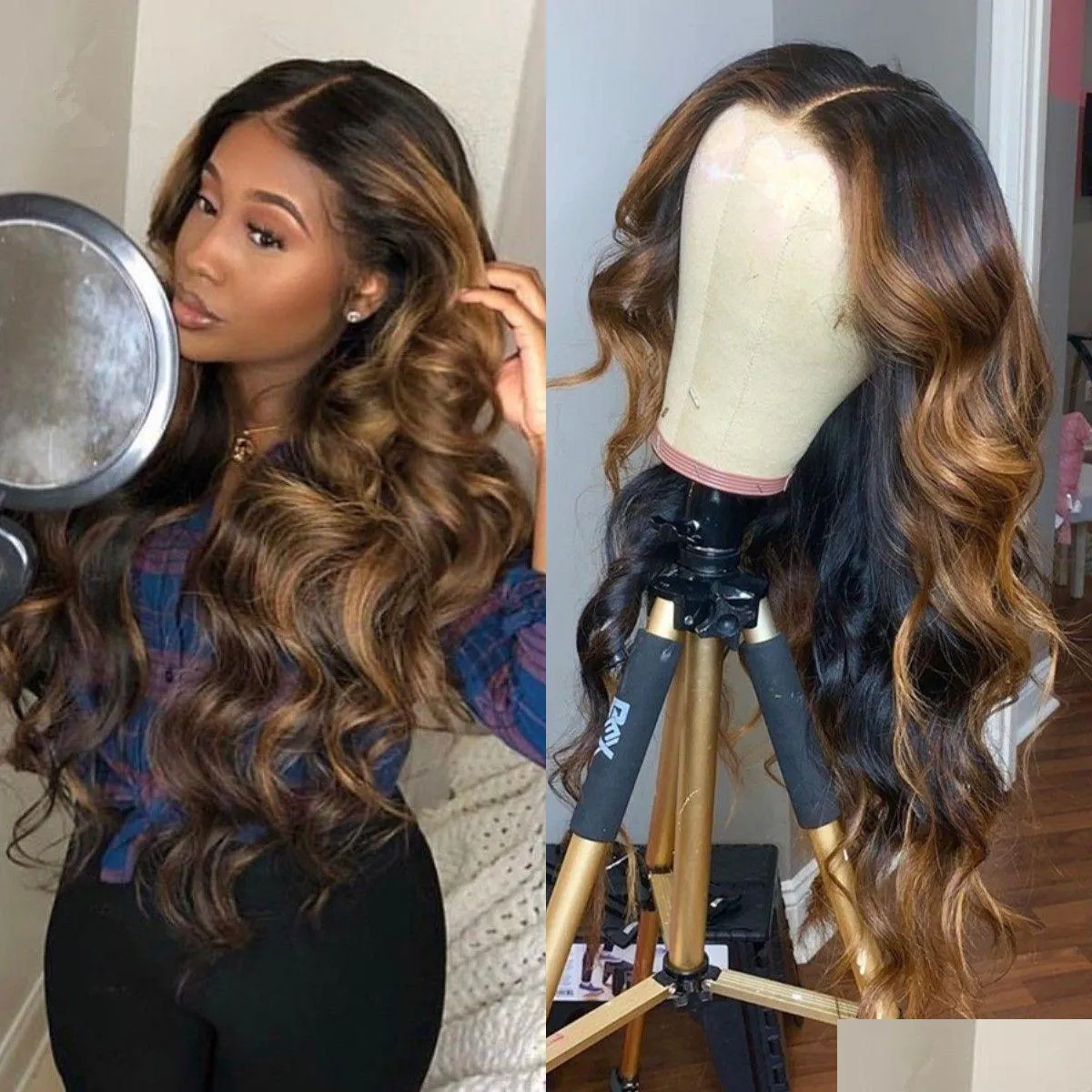 Perucas de renda ombre destaque peruca marrom mel loira colorido ondulado hd toda a frente do laço perucas cabelo humano em linha reta fl 360 frontal remy gota d dhznx