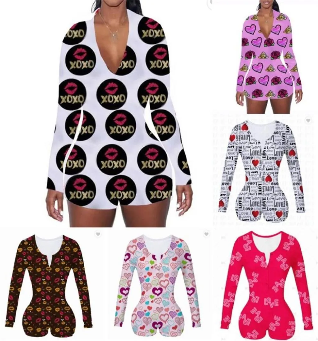 2021 Women Rompers Designers Printed Long Sleeve Jumpsuit Shorts Onesies Valentine039s Day V Neck Bodysuit One Piece Overall Pa3916292