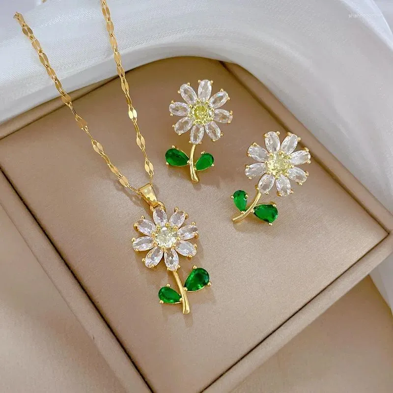 Necklace Earrings Set Titanium Steel Sunflower Flower Crystal Plant Five Leaf High Quality Luxury Women's Gifts Clover