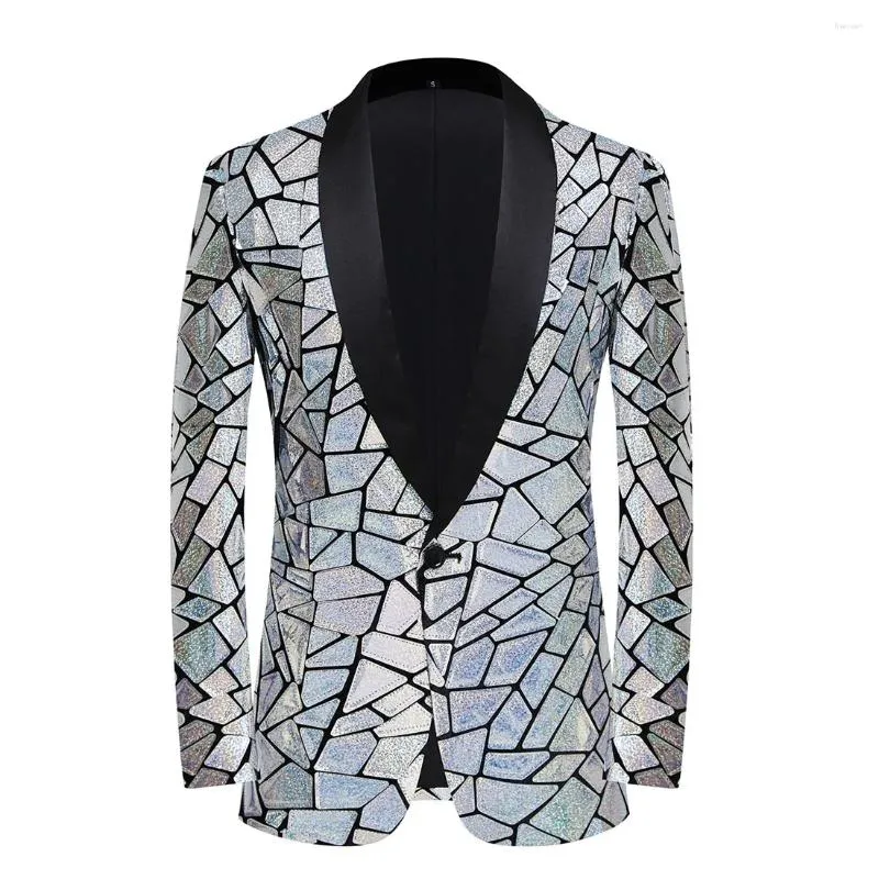 Men's Suits Shiny Silver Sequins Suit Jacket Blazer Men Fashion Shawl Collar One Button Tuxedo Blazers Party Stage Clothes For Singers