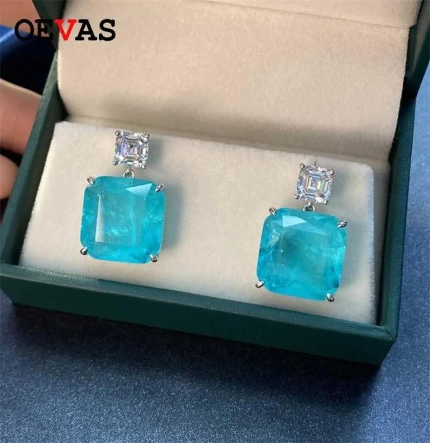 OEVAS SOLID 925 STERLING SILVER FASHION PARAIBA TOARMALINE GEMSTONE DROP Earrings Sparkling High Carbon Diamond Fine Jewelry 2205448921