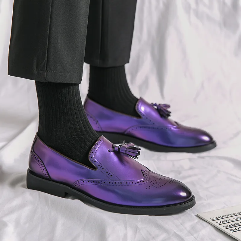 Nya män klädskor Green Black Purple Loafers Tassels Block Carving Handmade Business Solid Round Toe Slip-On Shoes For Men With Size 38-46
