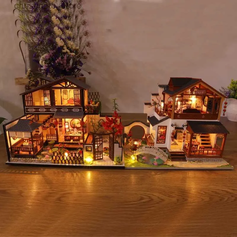 建築/DIYハウスDIY木製ドールハウスキット家具付きミニチュア日本のカサドールハウスアセンブされたコテージおもちゃを女の子XMASギフト