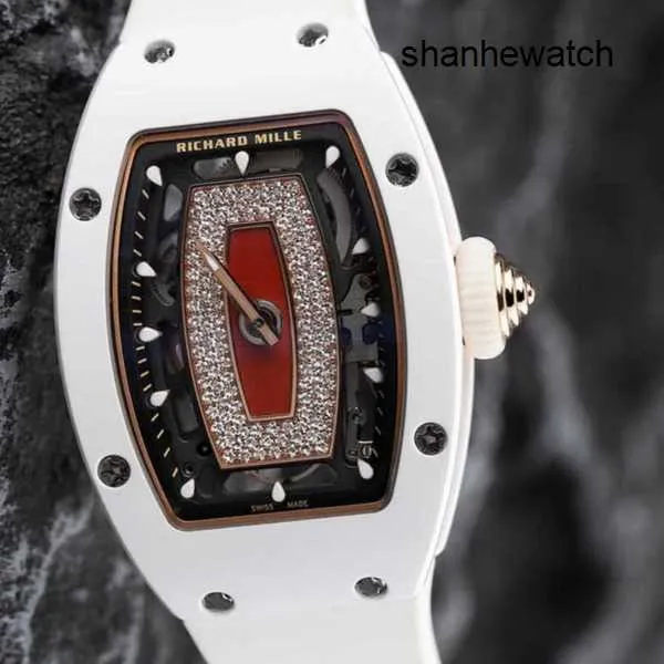 Tidlös se Elegance Watch RM Watch RM07-01 Red Lip White Ceramic Side Rose Gold Plate Face Full T Diamond