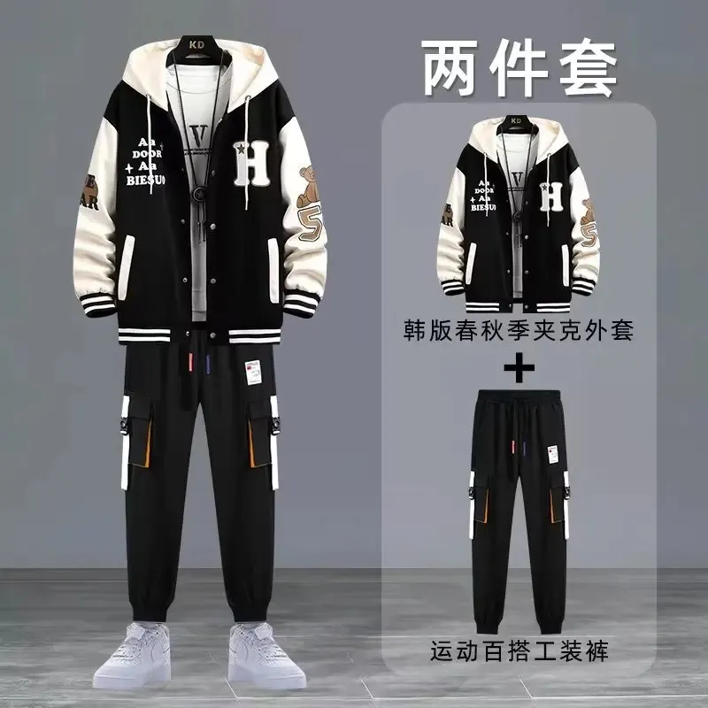 Spring and Autumn Men Outfit Set Korean Fashion Men Clothes Black Sweat Pants Hoodie Sweatsuit 2 Piece Set Daily Tracksuit Men 240223