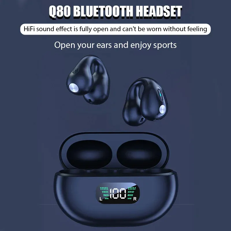 Q80 display LED Fones de ouvido sem fio, independentemente da prioridade, fones de ouvido esportivos TWS de condução óssea, fone de ouvido de 6 horas