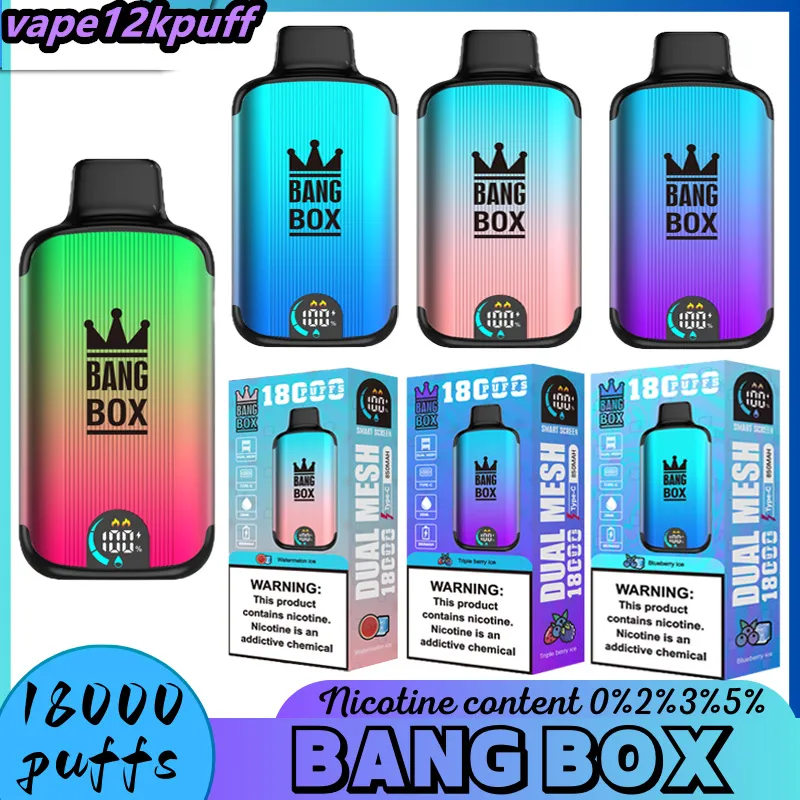 Bang Box 18000Puffs Pen do vape e cigarro dispensável Conjunto de cigarros 18kpuff Poff18k Bobina de malha 850mAh Vápers de bateria recarregáveis ​​0% 2% 3% 5% 12 Evaporador de cor dupla malha dupla