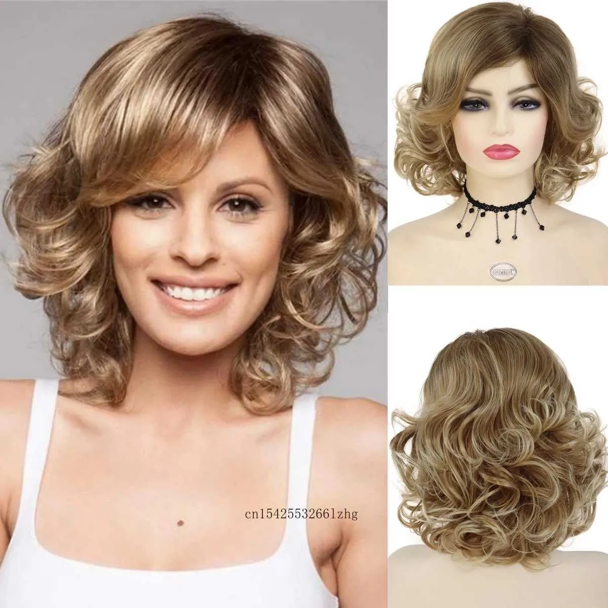 Perucas de cabelo sintético encaracolado curto para mulheres elegante mamãe peruca natural fofo diariamente senhoras cosplay traje de halloween 240306