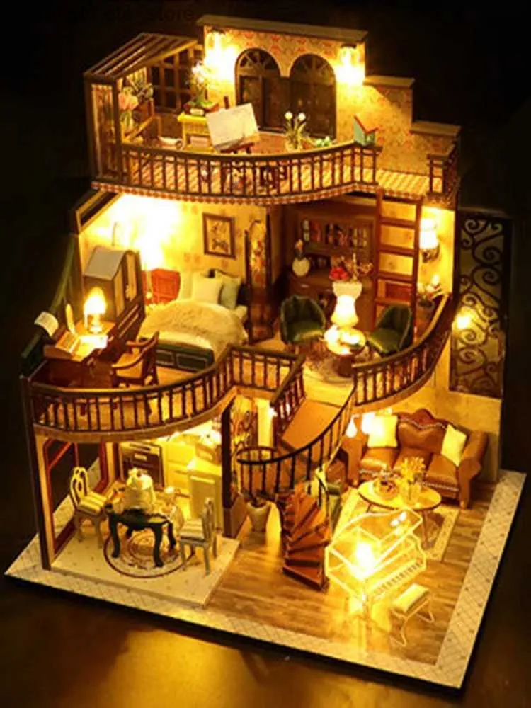 Architettura/Casa fai da te Casa delle bambole Con copertura antipolvere casa Miniatura Fai da te in legno Casa delle bambole Miniature giocattoli per bambini Ragazza Regali di compleanno diorama 1 24 M2132z