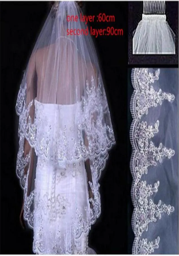 Voile de mariée court en tulle blanc et ivoire, 2 couches, avec peigne, longueur 90cm, appliques en dentelle, accessoires de mariée 201954820582856957