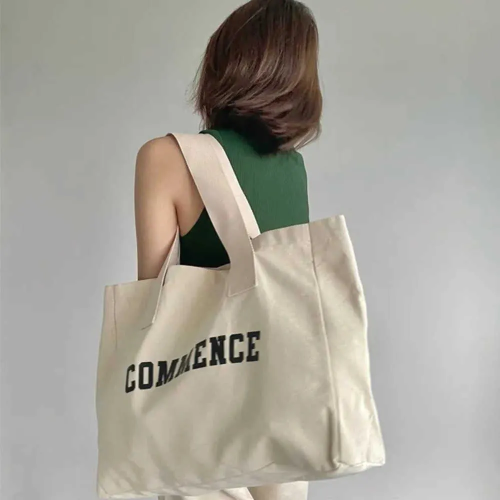 Ny Canvas Bag Women's One Shoulder Large Capacity Student Natural Color Printed Letters Handhållen shoppingväska 220306