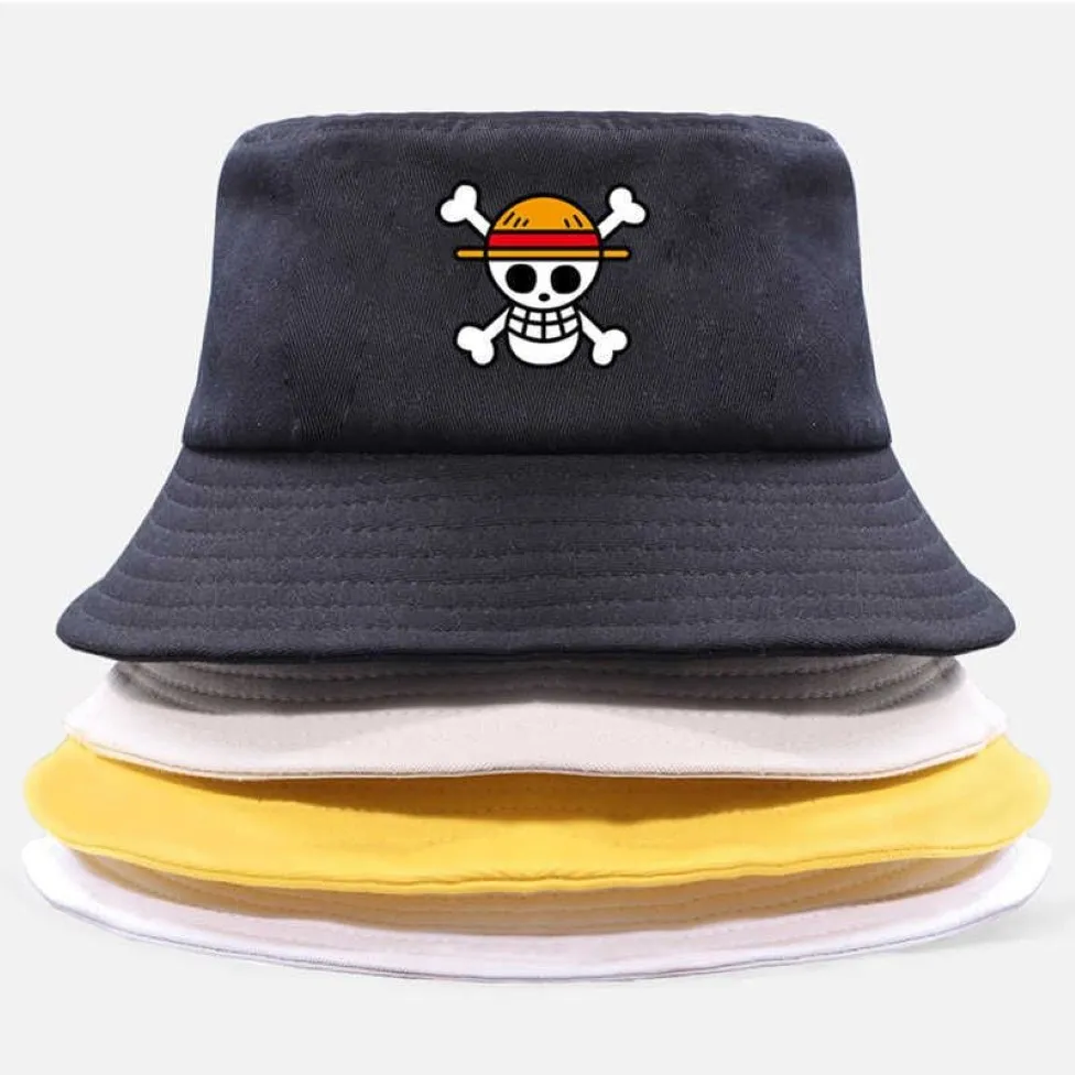 One Piece Bucket Hat Panama Cap Der Piratenkönig Anime Luffy Harajuku Damen Herren Baumwolle Outdoor Sonnencreme Breite Krempe Hüte Caps Q0805269E