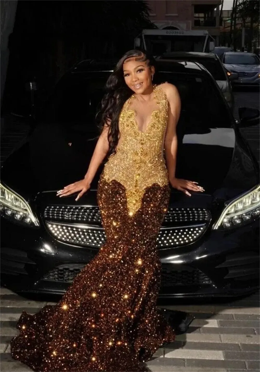 Gold Sequin Prom Dress: Brown Gold Crystal Beaded Evening Gown