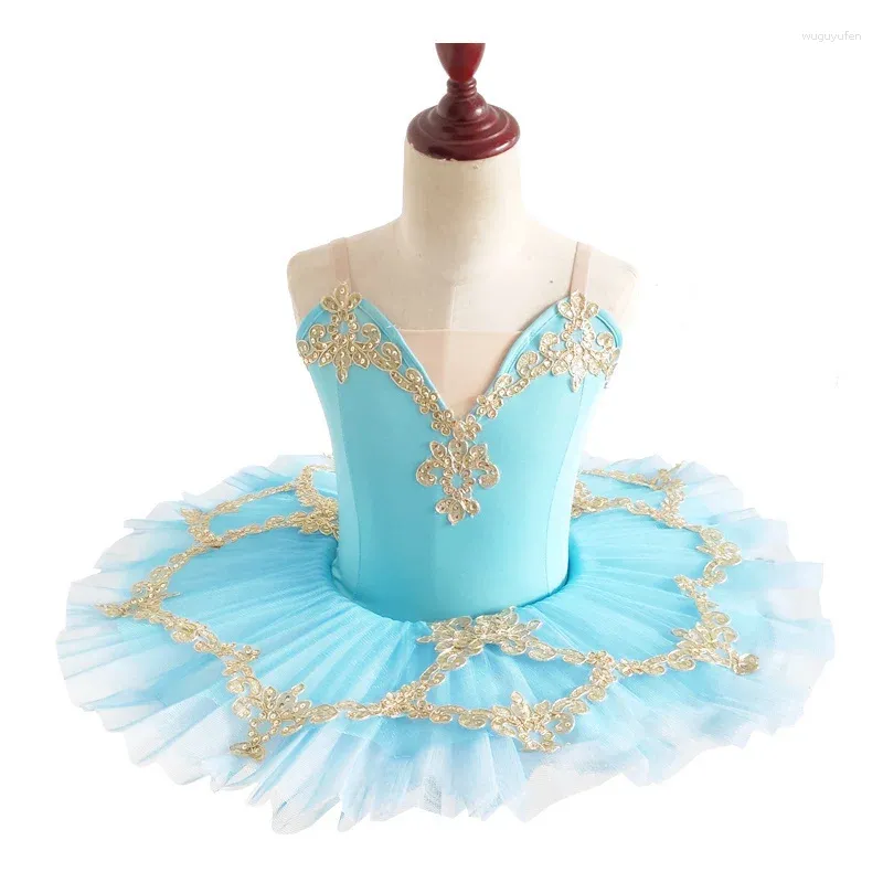 Stage Wear 2024 Girls Ballerina Ballet Dress Rhinestone Decro Bow Design Dance Tulle Skirt Short Sleeve Performance Princess