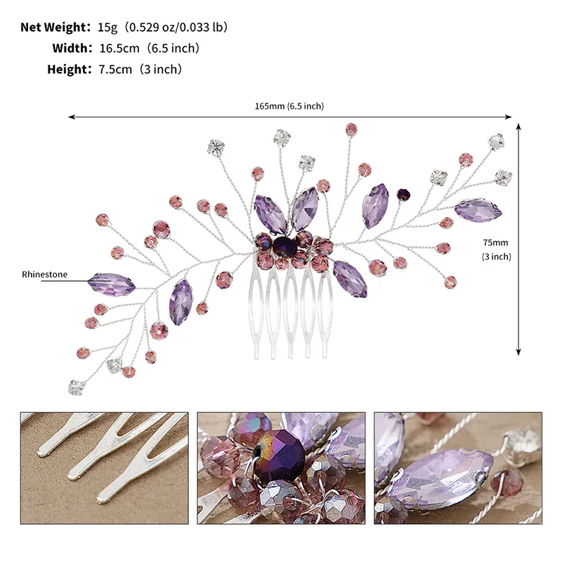 جديد وصول الشعر مشط الزفاف الأرجواني الخرز بسيطة الخرز Rhinestone الكريستال شعر مجوهرات الزفاف