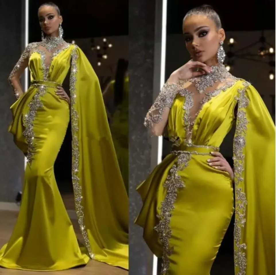 Árabe limão verde cristais formais vestidos de baile estilo sereia dubai indiano pescoço alto uma manga cabo contas longo trompete vestido de noite BC10567