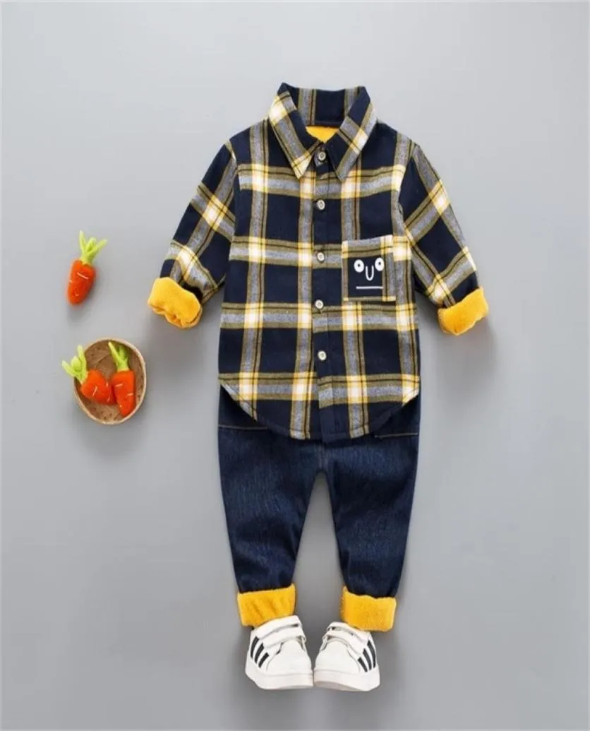 Осенняя детская одежда для маленьких мальчиков и девочек, толстая бархатная клетчатая рубашка для младенцев, брюки, комплекты из 2 предметов, одежда для малышей, детские костюмы 21081843682