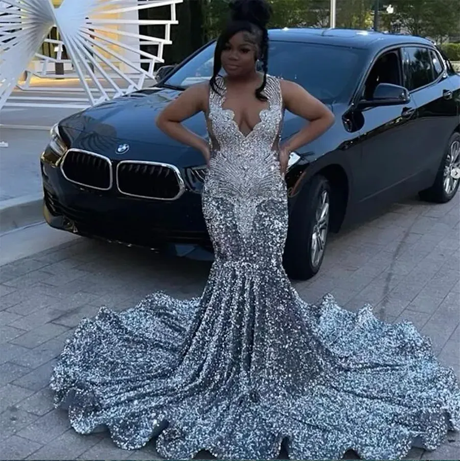 Sier Plus Size Prom für Black Girls Diamond Perlen Pailletten Meerjungfrau Abendkleid ärmellose formelle Geburtstagsfeierkleider Roben Mariage Vestidos de Gala 2024