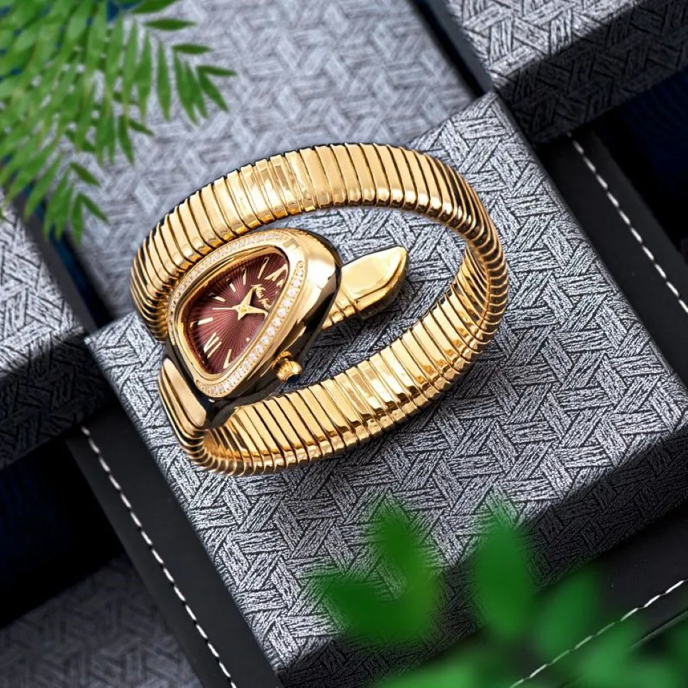 Kvinnors klockor Snake Shape Luxury Wrist Watch for Women Steel Unique Gold Quartz Ladies Clock Relogio Feminino209s