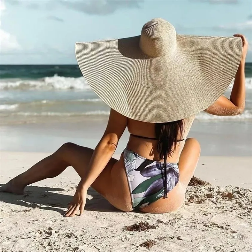 Été 25m grand bord surdimensionné pliable chapeaux de plage pour les femmes pliant chapeau de paille Protection solaire fête voyage chapeau goutte 2207122003