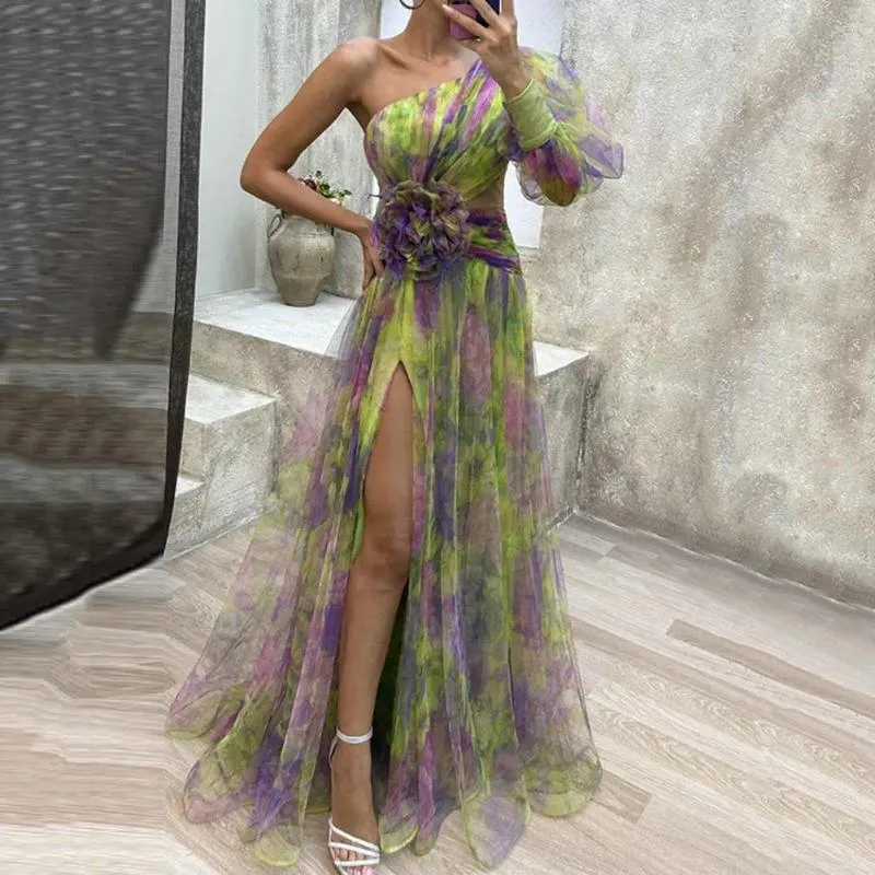 Casual Dresses Sexig A-Line Evening Gown Elegant One Shoulder Tie-Dye Ball med Mesh Bubble Sleeve Split Hem Women's Dress