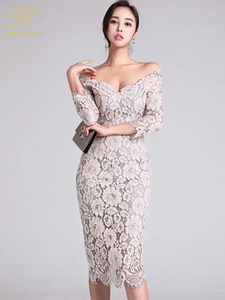 Klänning h han drottning koreansk stil elegant spets blyerts bodycon klänning kvinnor 2018 sexig special tillfälle klänningar smala kall axel vestidos