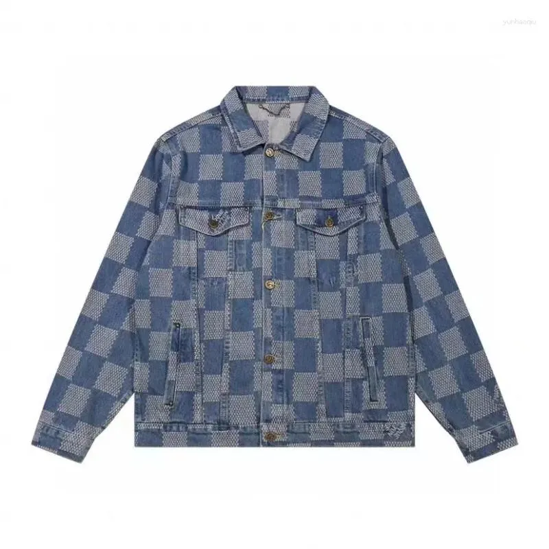 Men's Tracksuits Checkerboard Patchwork Washed Blue Denim Jacket And Jeans Set