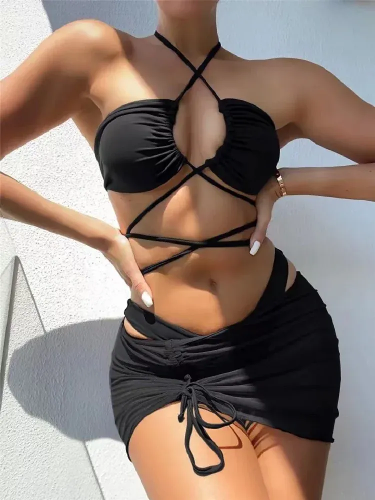 Neue 3 Stück Set Badeanzug Frauen Hohe Taille Bademode Sexy Spitze Up Micro Bikini Set Mit Rock Solide Beachwear-badeanzug