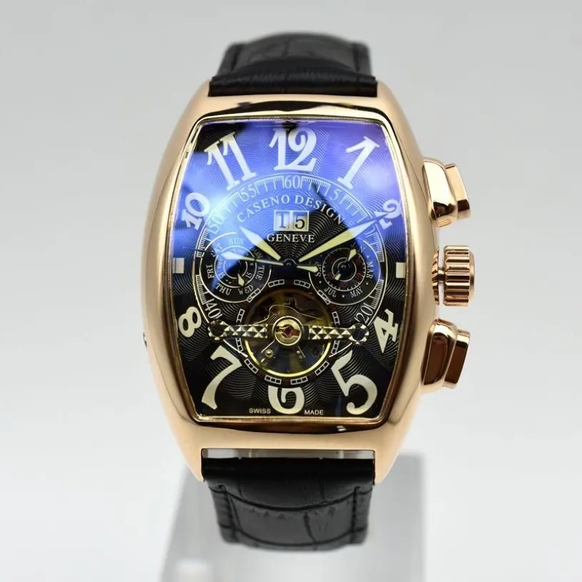 Tourbillon Orologio meccanico da uomo Luxury Top Brand CASENO Cinturino in pelle Daydate Scheletro automatico Drop-ship Orologio maschile da polso286Q