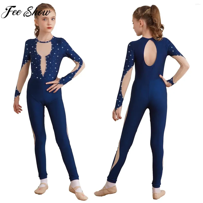 Stage Wear 6-16Y Ragazze Pattinaggio su ghiaccio Ginnastica Body Balletto Danza Body Acrobazie Yoga Tuta Manica lunga Maglia lucida Unitard