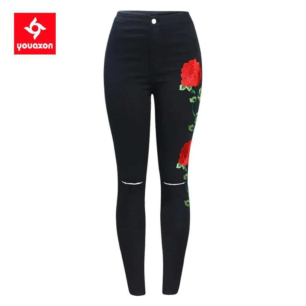 Damesjeans 2102 Youaxon Zwart geborduurde scheurkniejeans Nieuwe dames hoge taille elastische denimbroek Strak potlood Damesjeans J240306