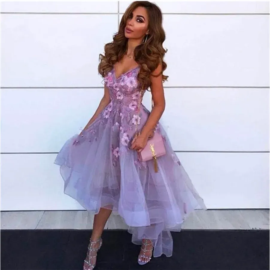 2024 Lavender 3D Flower Cocktail Dresses High Low V Neck Lace Applique Vestidos De Gala Tulle Homecoming Gowns Abendkleider