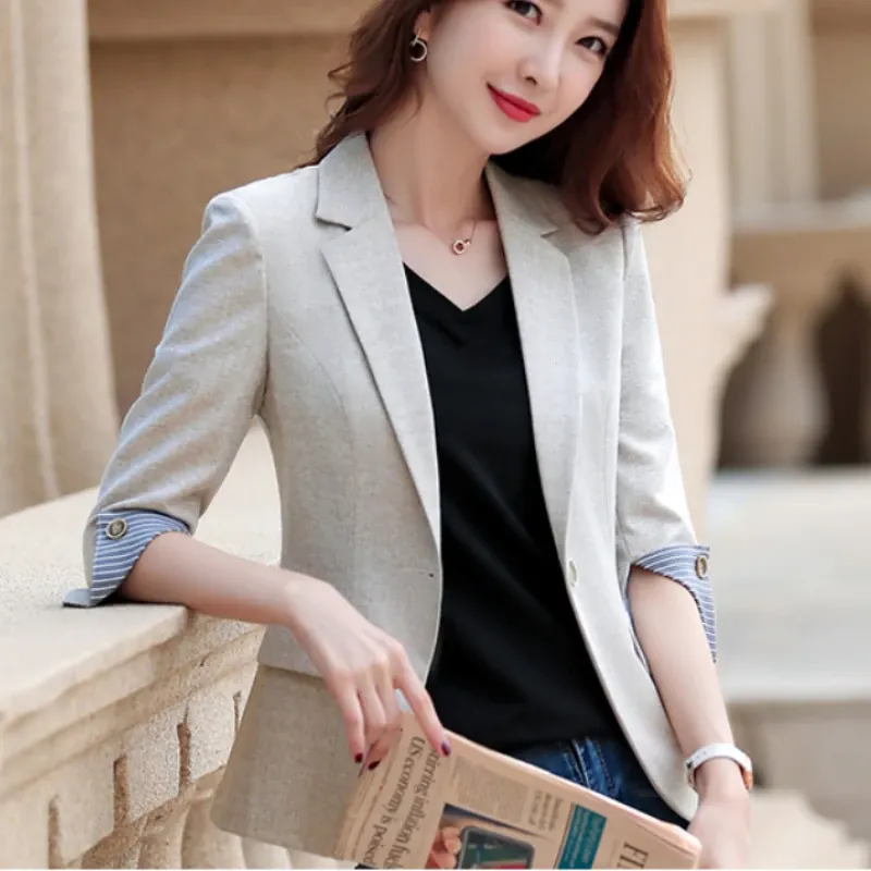 Blazers Office Ladies Notched Collar Solid Women Topps Blazer Single Breasted Autumn Jacket Female Suits Coat Three Quarter Sleeve A4A