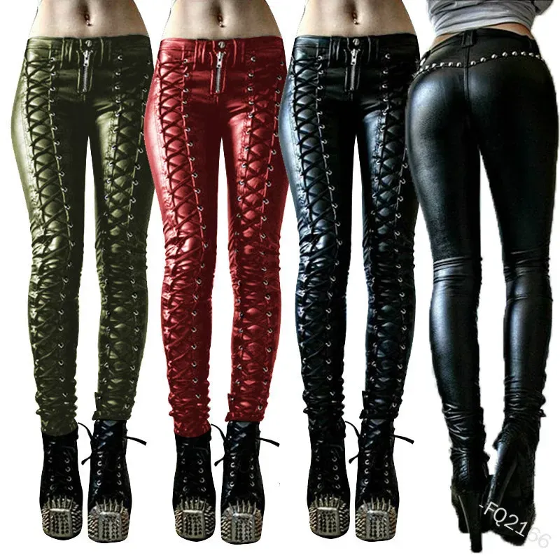 Capris Autumn and Winter 2023 Women's New Straps Nightclub PU Leather Pants Solid Color Casual Tight Pants Biker Pants Female