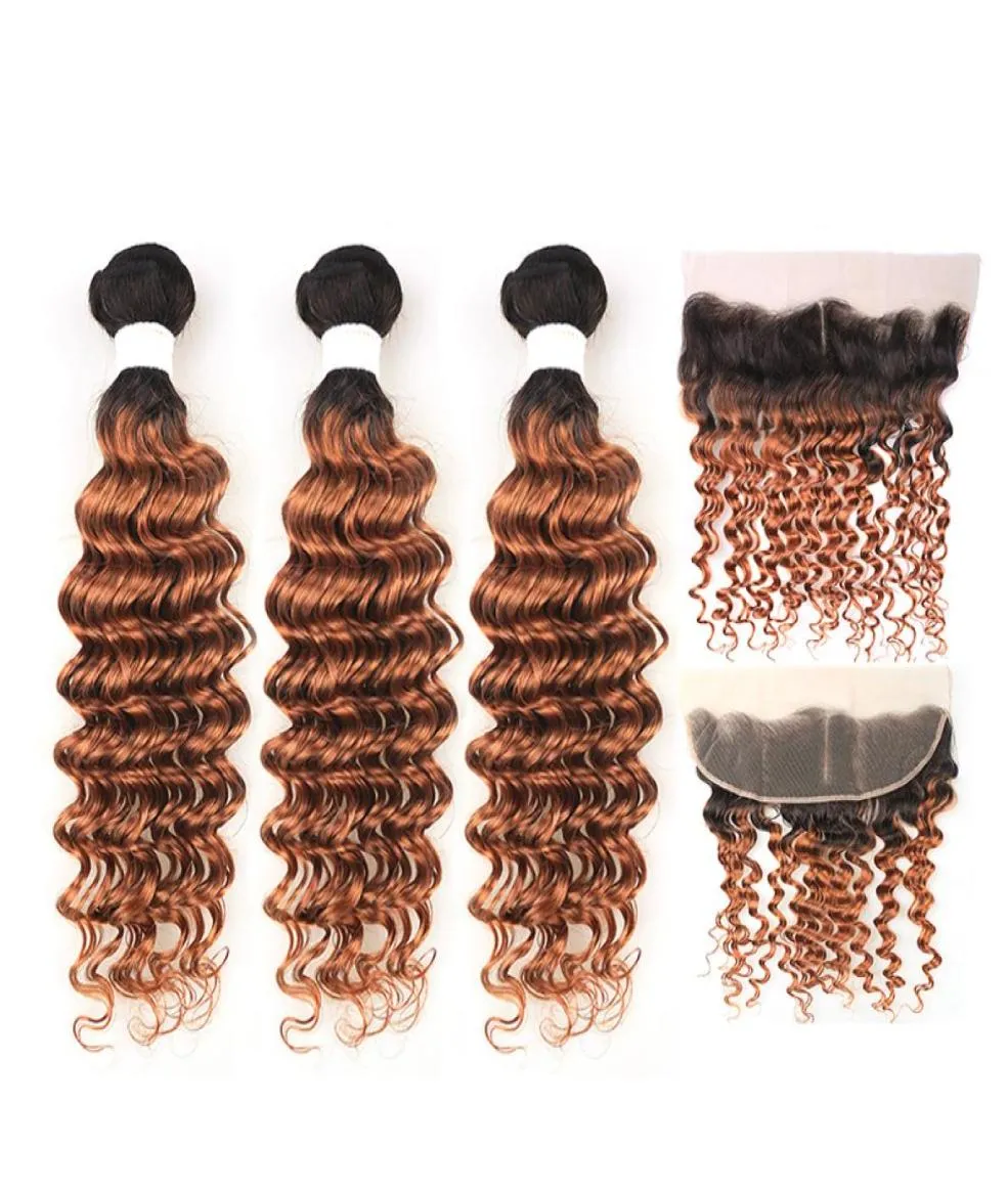 Ombre 1B30 2 Tone Deep Wave Remy Human Hair Weave Bundles With Frontal 13X42842671