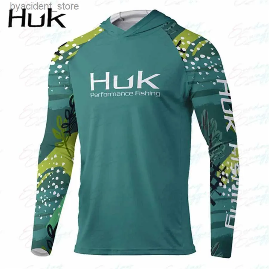 Casual overhemden voor heren Huk Heren Visserskleding Hoed T-shirt Lange mouw Technologie Shirt met capuchon Zomer Buitensporten Sneldrogend Ademende kleding L240306