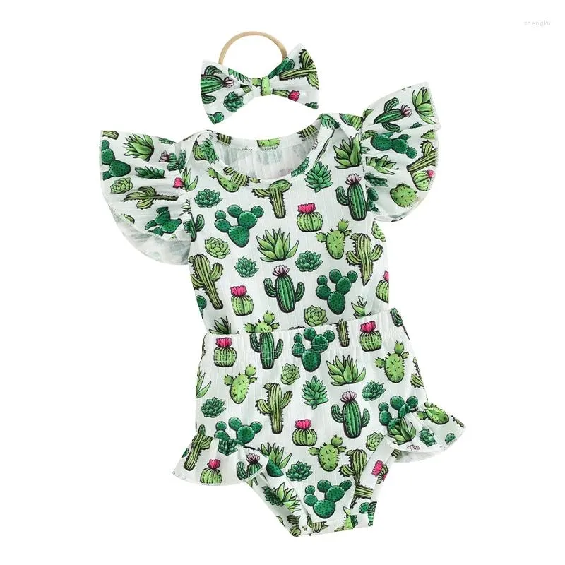 Set di abbigliamento Born Baby Girl Summer Outfit Clothes Cactus Ruffle Sleeve Pagliaccetto Body Pantaloncini a vita alta Set fascia