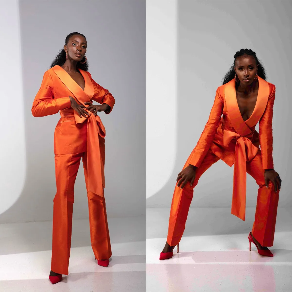Elegant Orange Womens Pants Suit Set for Summer Events Stylish Blazer Jacket with Sashes 2 Piece Ensemble