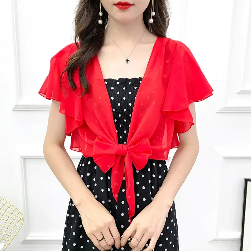 Cardigans 2020 Nya kvinnor Chiffon Jacket Ruffle ärmar beskurna kort skuldra Casual Black White Red Solid Good Quality Design Coat