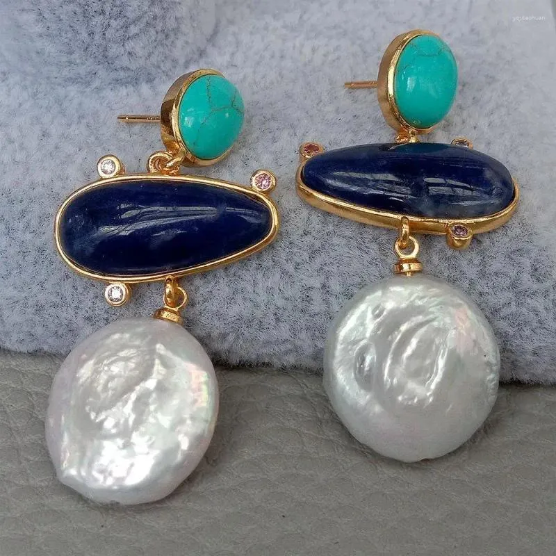 Boucles d'oreilles YYGEM géométrique naturel Sodalite culture pièce blanche perle Turquoise avec bord galvanisé pour les femmes