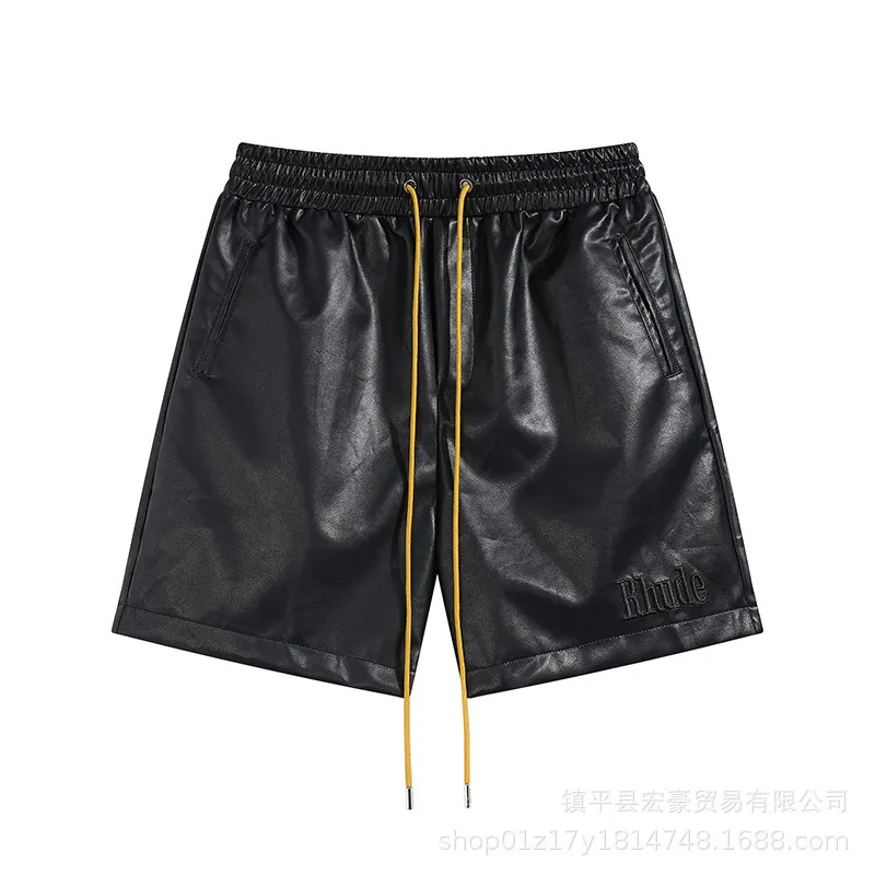 Mens Shorts Rhude Ankomstläder Högkvalitativ broderier Överdimensionerade män Kvinnor Drawstring Elastic Tie Beach Casual Black Color 1 230714