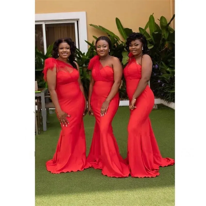 One Shoulder Red Mermaid Red satin bridesmaid dresses with Draped Sweep Train - Perfect for Garden, Country, Weddings, Maid of Honor, and Plus Size One Shoulder Red Mermaid Red satin bridesmaid dresses with Draped Sweep Train - Perfect for Garden, Country, Weddings, Maid of Honor, and Plus Size