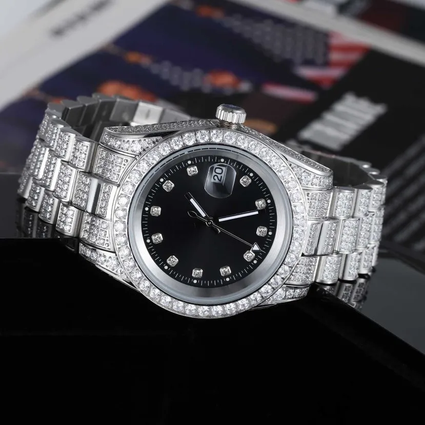 Montre-bracelet de luxe en diamant CZ pour hommes, en acier inoxydable plaqué or glacé, à quartz, 295C
