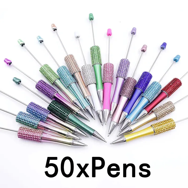 50pcs Diamond Ballpoint Pen DIY Bead Plastic Beadable School Office Writing Supplies Stationery 240229