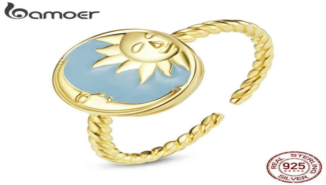 Bamoer Myth Gold 925 Sterling Silver Open Splendid Sun Moon Unique Hexagram Sixpointed Star Ring Justerbar Anillo1675616